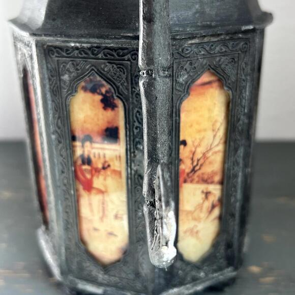 Antique Chinese 1910 Swatow Pewter 8 Panel Reverse Painted Glass Teapot, NO LID - Picture 13 of 13